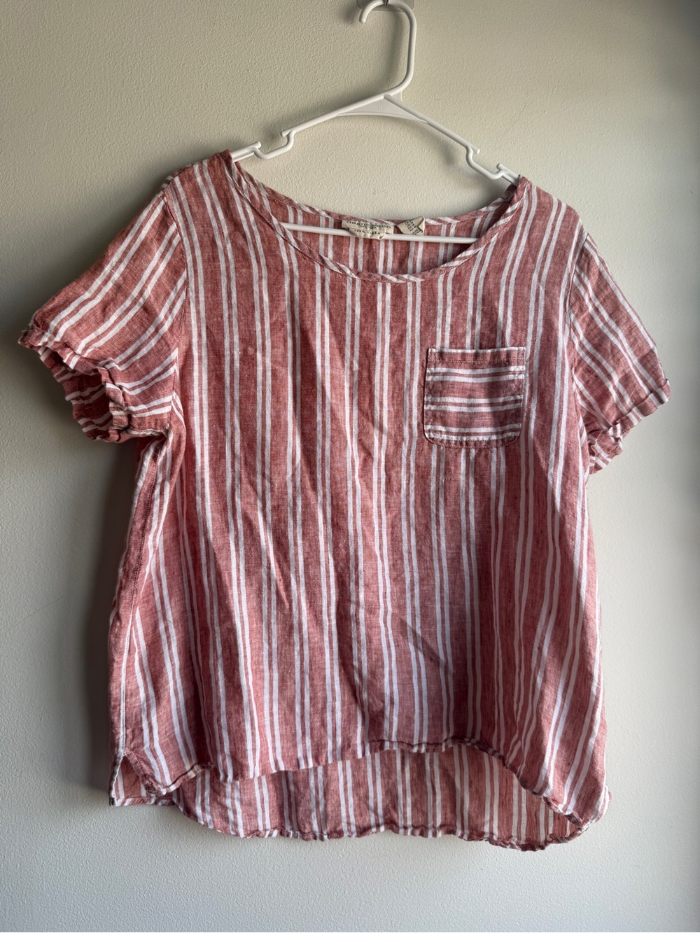 Christian Siriano Coral and White Striped Short Sleeve Pocket Tee 100% Linen